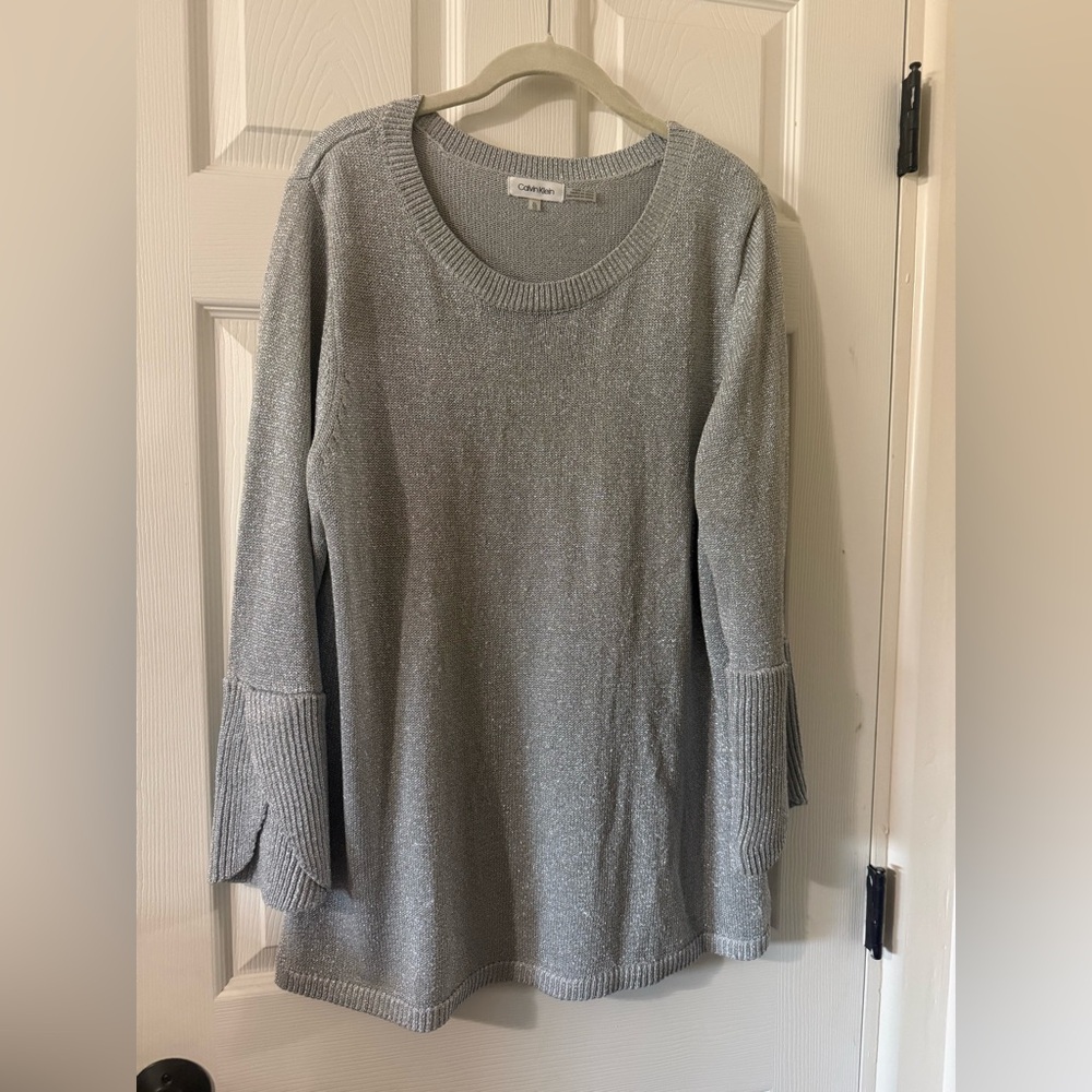Calvin Klein Shimmer Scoop Neck Silver Knit Sweater